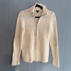 Talbots lambswool angora zip cardigan‎ sweater S cream cable knit elbow patches